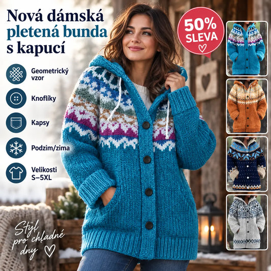 🔥50% SLEVA🔥【 S–5XL】✨Nová dámská pletená bunda s kapucí, geometrický vzor, zapínání na knoflíky, podzim/zima