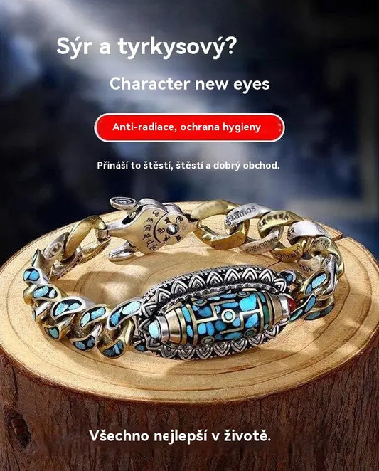 Stříbrný náramek 925 se šestimístným tyrkysovým motivem a mantrovými korálky