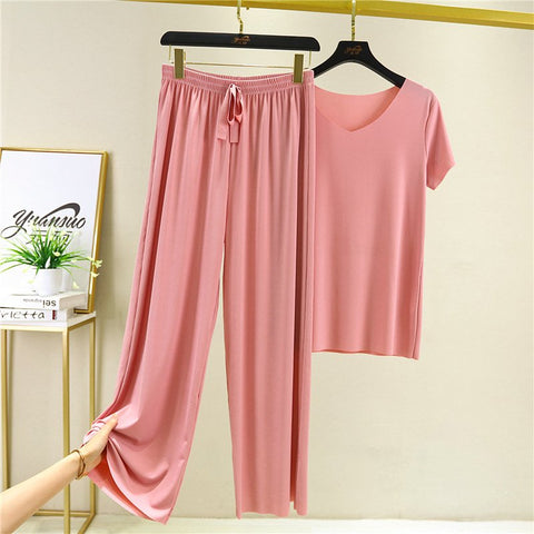 【M-4XL】 【Dvoudílná sada】Top s krátkým rukávem + kalhoty se širokými nohavicemi