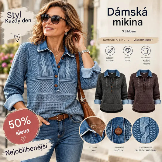 🔥 50% SLEVA | Dámský retro top s džínovými detaily [S–5XL] – Texturovaný vzor, límeček a pohodlný volný střih