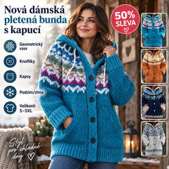 🔥50% SLEVA🔥【 S–5XL】✨Nová dámská pletená bunda s kapucí, geometrický vzor, zapínání na knoflíky, podzim/zima