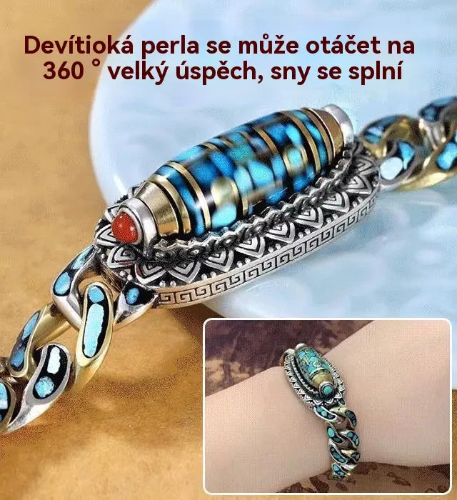 Stříbrný náramek 925 se šestimístným tyrkysovým motivem a mantrovými korálky