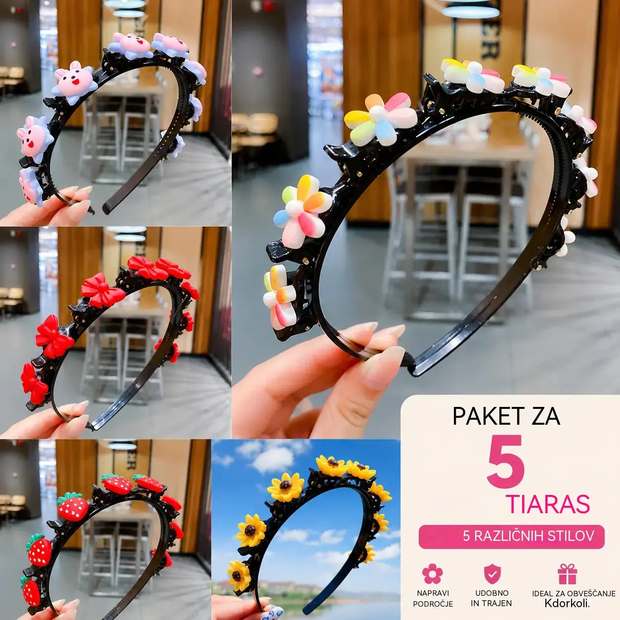 👑【5dílná sada】Dětská květinová ozdobná čelenka