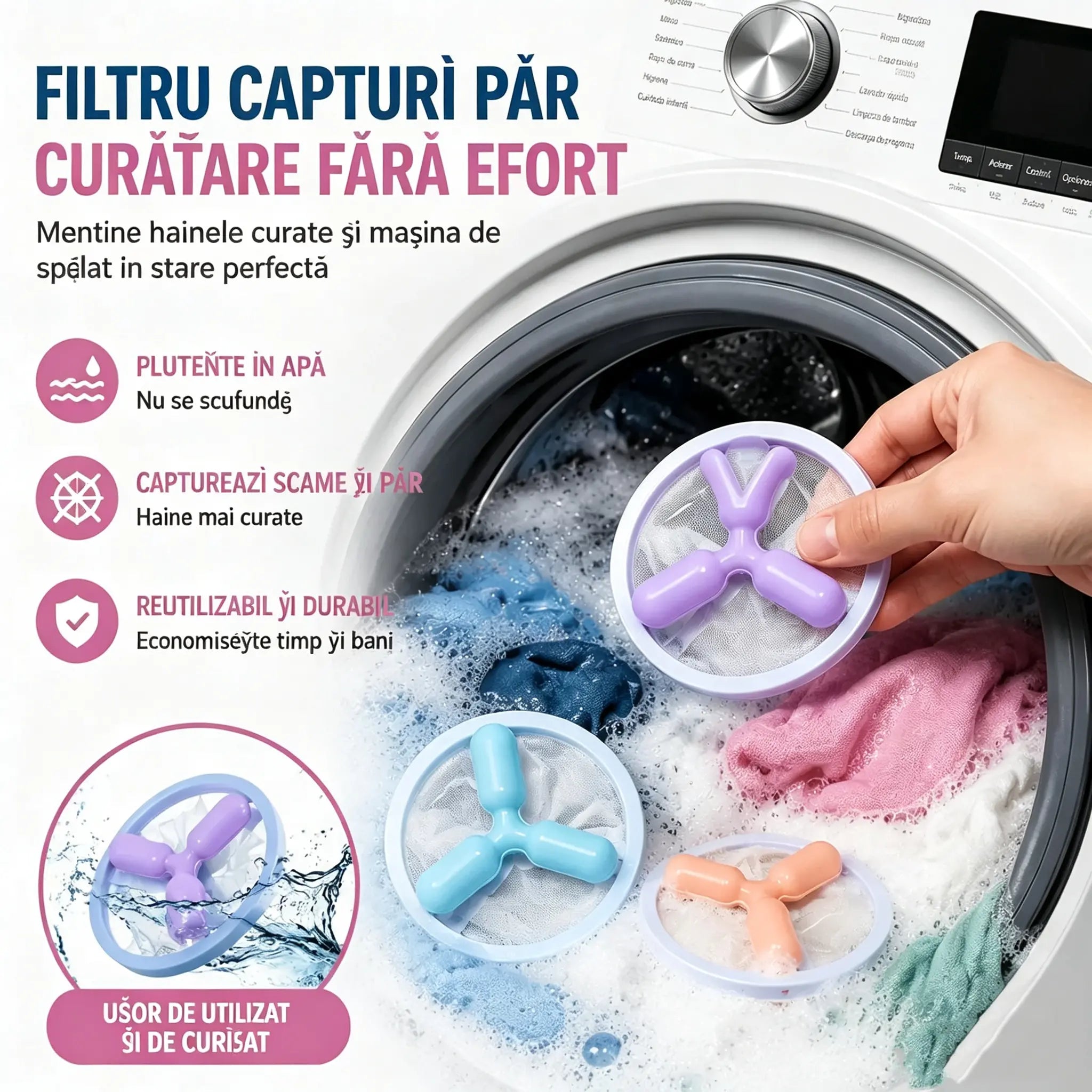 🌀6 kusů✨ Plovoucí filtr do pračky – Zachycuje vlákna, vlasy a zvířecí chlupy při každém praní 🧺