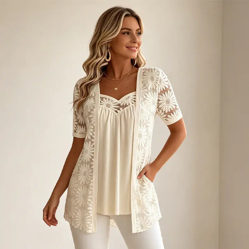 S–4XL Elegantní halenky 2 v 1 s krajkou a síťovinou – zeštíhlující střih proti bříšku, 5 barev, velikosti!