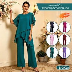 【S–3XL】Elegantní šifonový komplet: Asymetrický top s volánem a kalhoty se širokými nohavicemi