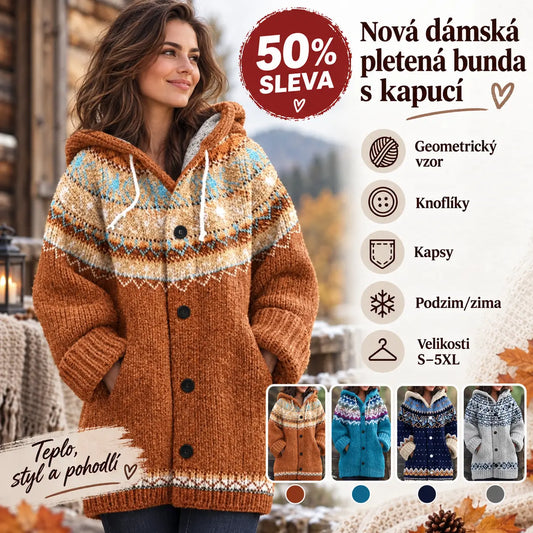 🔥50% SLEVA🔥【 S–5XL】✨Nová dámská pletená bunda s kapucí, geometrický vzor, zapínání na knoflíky, podzim/zima