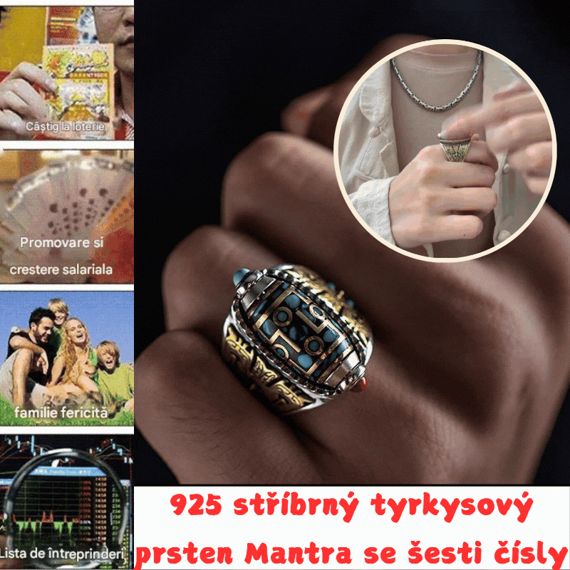 Šestimístný prsten z tyrkysového mantra 925 mincovního stříbra (nastavitelná velikost otevírání)
