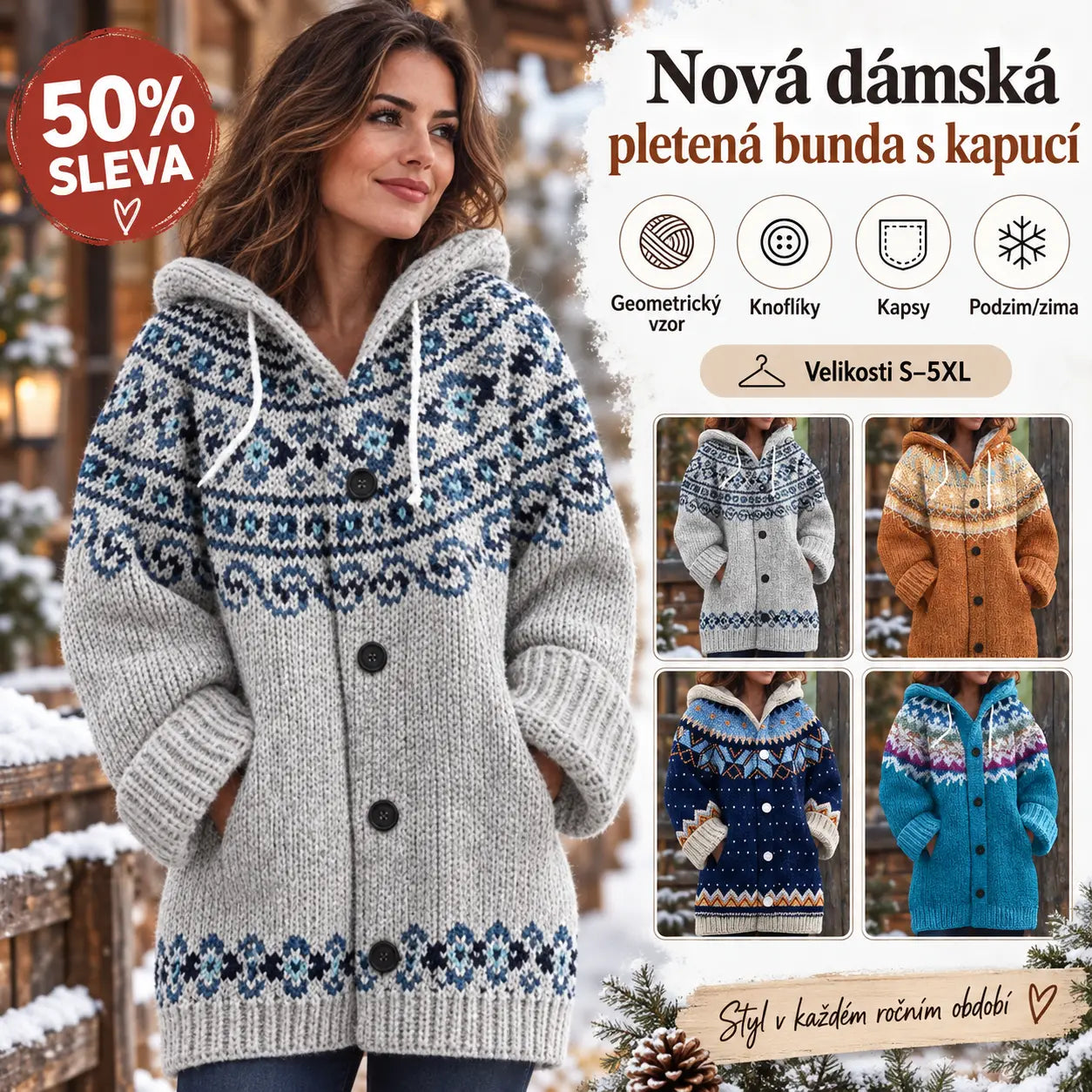 🔥50% SLEVA🔥【 S–5XL】✨Nová dámská pletená bunda s kapucí, geometrický vzor, zapínání na knoflíky, podzim/zima