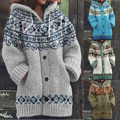 🔥50% SLEVA🔥【 S–5XL】✨Nová dámská pletená bunda s kapucí, geometrický vzor, zapínání na knoflíky, podzim/zima