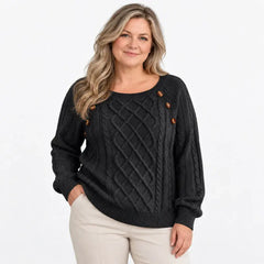 【S-2XL】Dámský ležérní podzimní/zimní svetr – hranatý výstřih, knoflíky, copánkový vzor