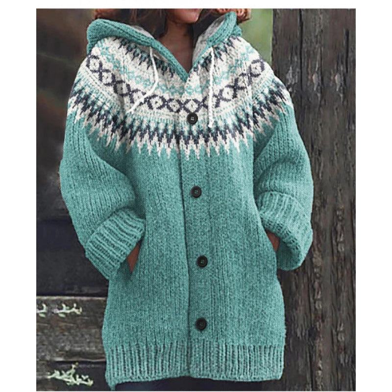 🔥50% SLEVA🔥【 S–5XL】✨Nová dámská pletená bunda s kapucí, geometrický vzor, zapínání na knoflíky, podzim/zima