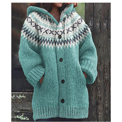 🔥50% SLEVA🔥【 S–5XL】✨Nová dámská pletená bunda s kapucí, geometrický vzor, zapínání na knoflíky, podzim/zima