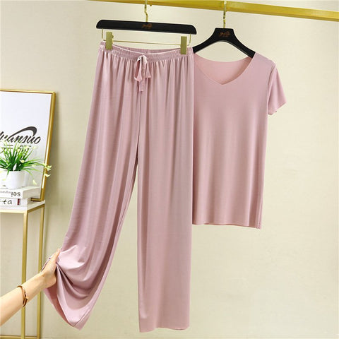 【M-4XL】 【Dvoudílná sada】Top s krátkým rukávem + kalhoty se širokými nohavicemi