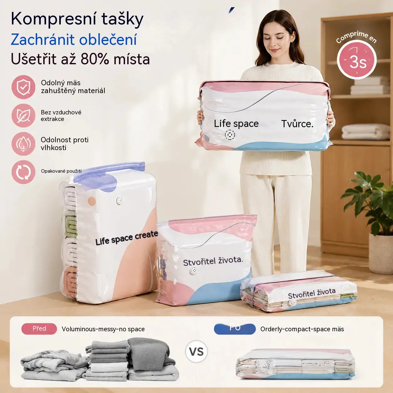 👕📦【🔥5 kusů 560 Kč】Kompresní sáčky na uložení oblečení, nevyžadují vysávání, zesílená konstrukce.