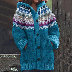 🔥50% SLEVA🔥【 S–5XL】✨Nová dámská pletená bunda s kapucí, geometrický vzor, zapínání na knoflíky, podzim/zima