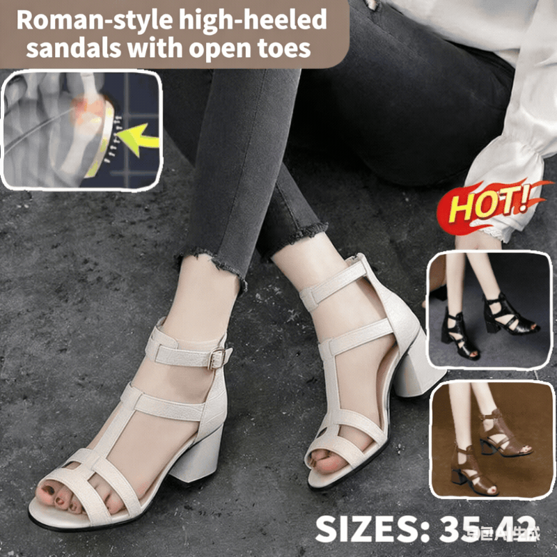 【35-40】Nové měkké, měkké kožené, rybí dno, rybí tlama, dutá tlama, tlustý podpatek, římské sandály