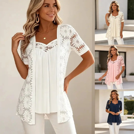 S–4XL Elegantní halenky 2 v 1 s krajkou a síťovinou – zeštíhlující střih proti bříšku, 5 barev, velikosti!