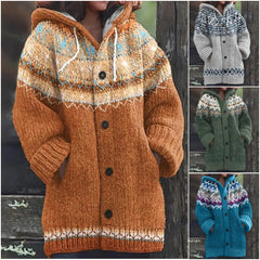 🔥50% SLEVA🔥【 S–5XL】✨Nová dámská pletená bunda s kapucí, geometrický vzor, zapínání na knoflíky, podzim/zima