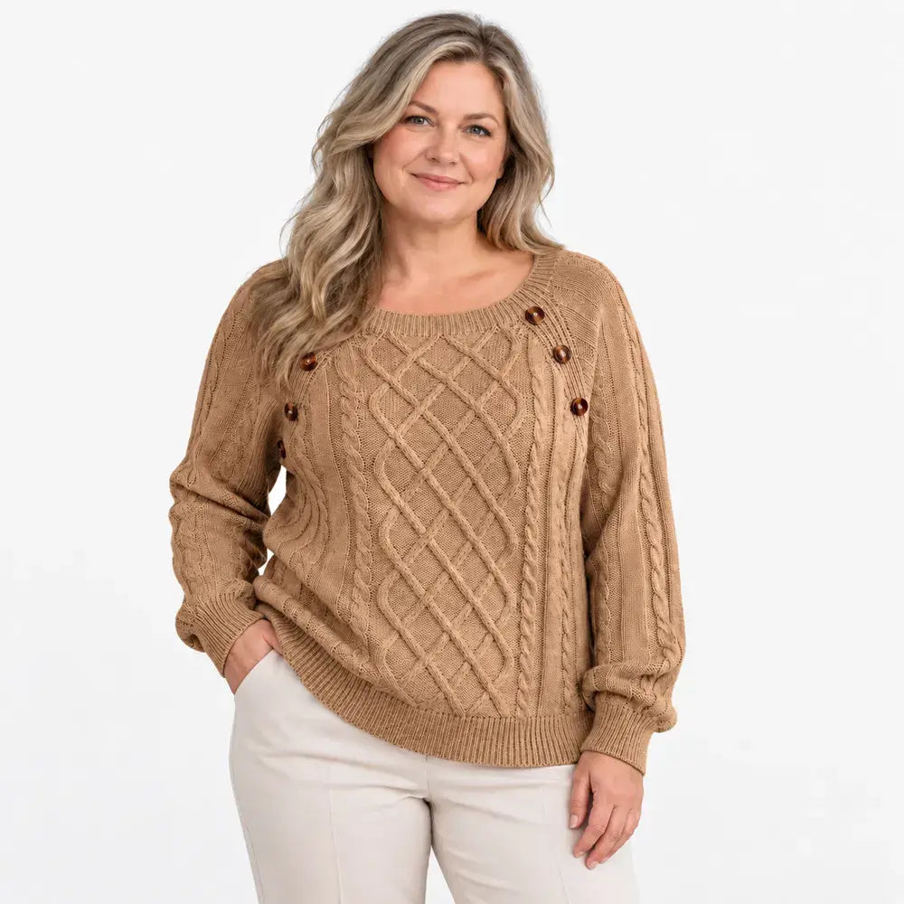 【S-2XL】Dámský ležérní podzimní/zimní svetr – hranatý výstřih, knoflíky, copánkový vzor