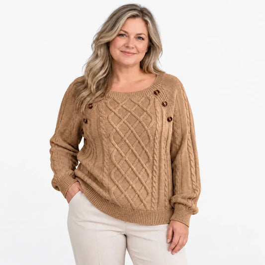 【S-2XL】Dámský ležérní podzimní/zimní svetr – hranatý výstřih, knoflíky, copánkový vzor