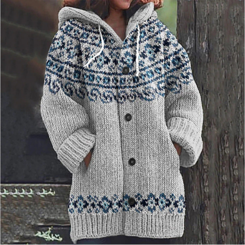 🔥50% SLEVA🔥【 S–5XL】✨Nová dámská pletená bunda s kapucí, geometrický vzor, zapínání na knoflíky, podzim/zima