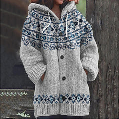 🔥50% SLEVA🔥【 S–5XL】✨Nová dámská pletená bunda s kapucí, geometrický vzor, zapínání na knoflíky, podzim/zima