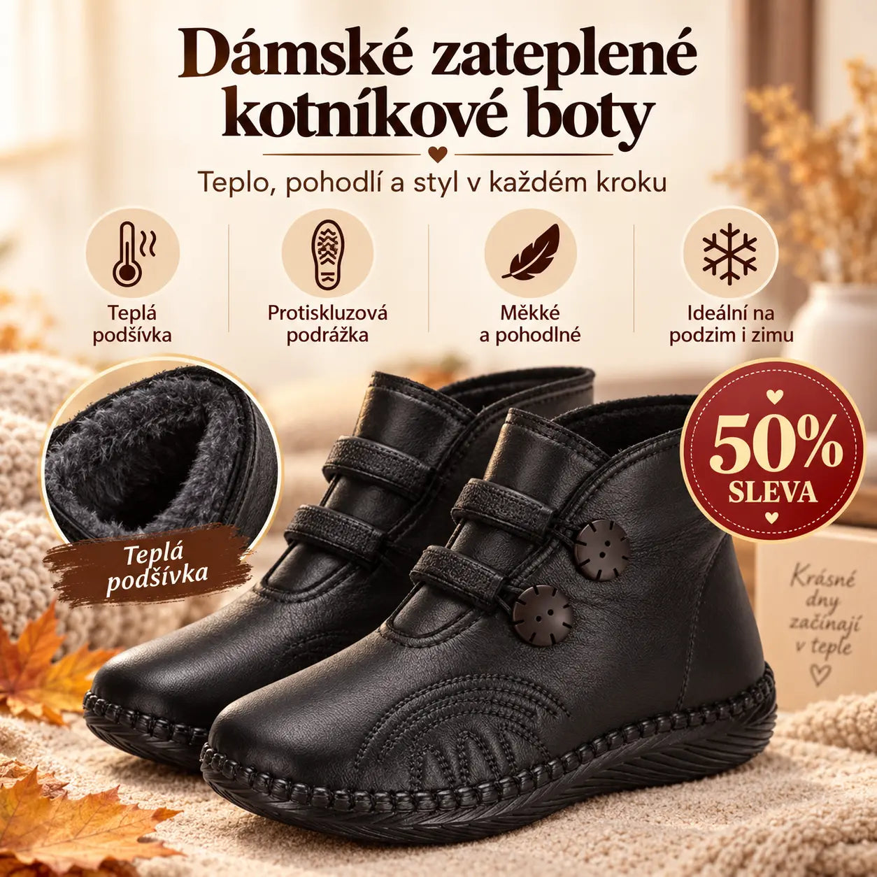 🔥 50% SLEVA | Dámské zateplené kožené kotníkové boty [35–40] – Teplé, pohodlné a protiskluzové na podzim i zimu