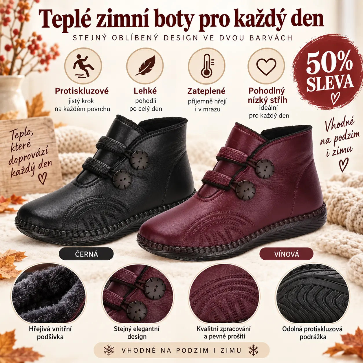 🔥 50% SLEVA | Dámské zateplené kožené kotníkové boty [35–40] – Teplé, pohodlné a protiskluzové na podzim i zimu