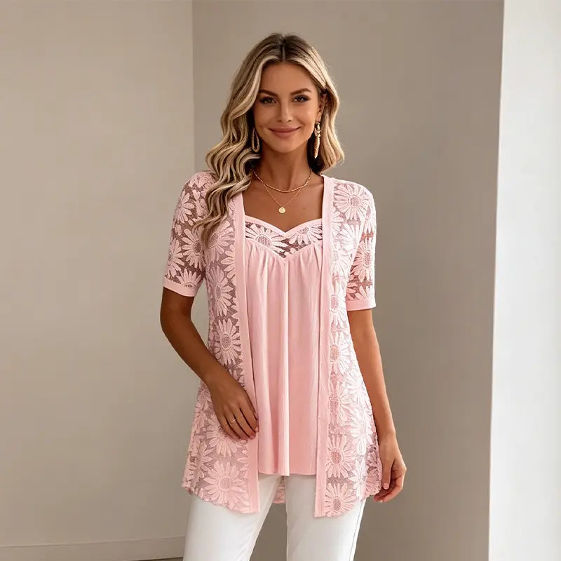 S–4XL Elegantní halenky 2 v 1 s krajkou a síťovinou – zeštíhlující střih proti bříšku, 5 barev, velikosti!