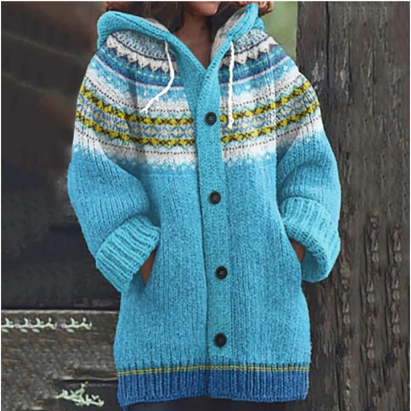 🔥50% SLEVA🔥【 S–5XL】✨Nová dámská pletená bunda s kapucí, geometrický vzor, zapínání na knoflíky, podzim/zima