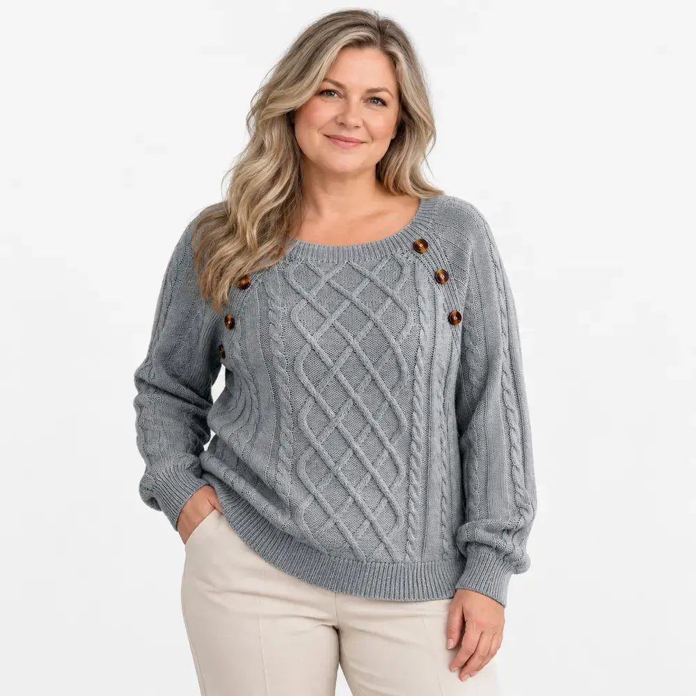 【S-2XL】Dámský ležérní podzimní/zimní svetr – hranatý výstřih, knoflíky, copánkový vzor