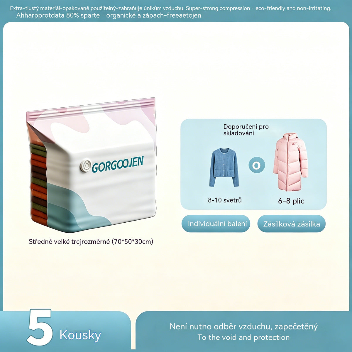 🧳 5 kusy 590Kč 💨 Velký, stlačitelný vakuový úložný sáček: není potřeba pumpička, nepropustný a ideální pro úsporu místa v kufrech i doma ✈️