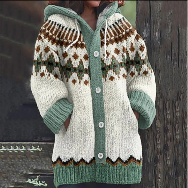 🔥50% SLEVA🔥【 S–5XL】✨Nová dámská pletená bunda s kapucí, geometrický vzor, zapínání na knoflíky, podzim/zima