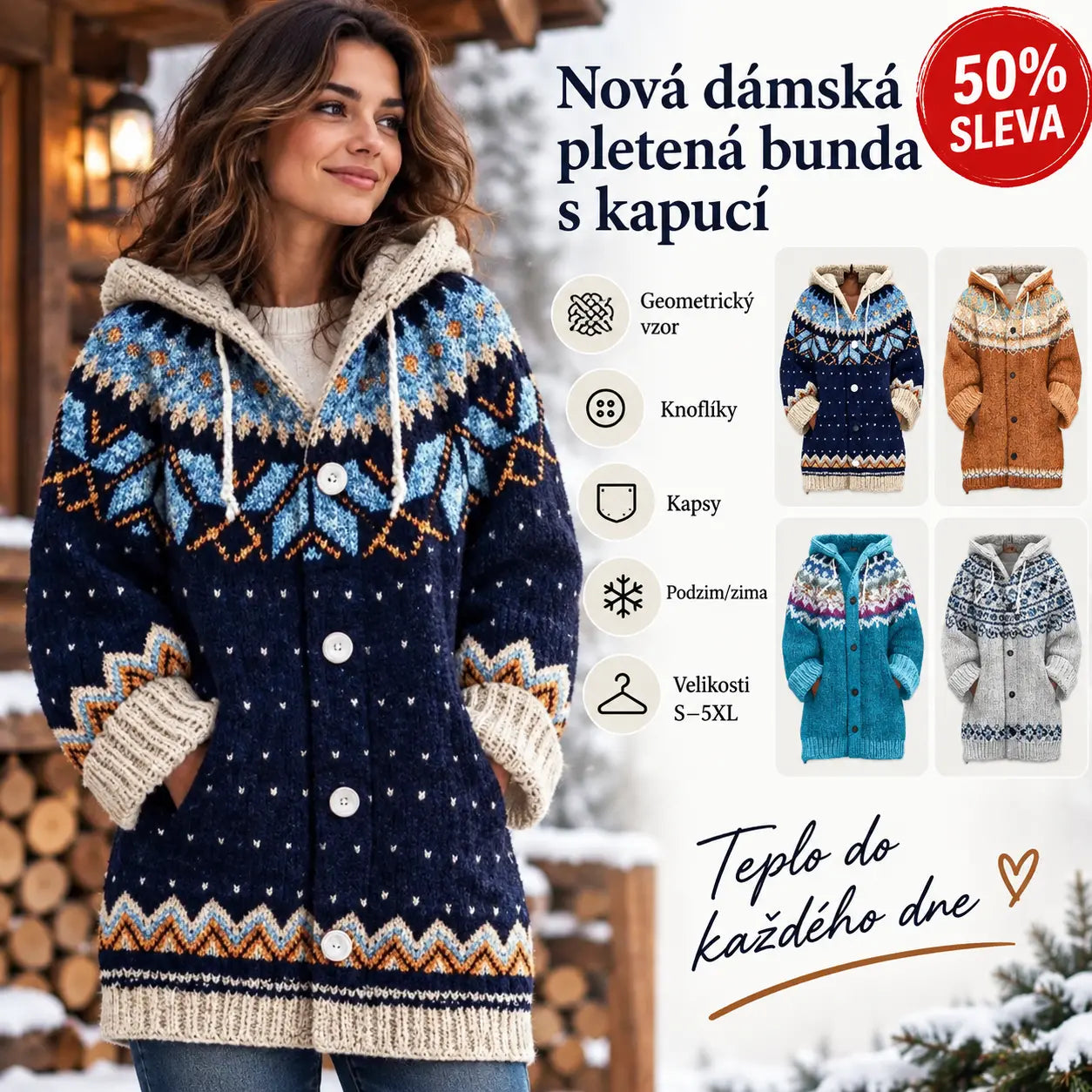 🔥50% SLEVA🔥【 S–5XL】✨Nová dámská pletená bunda s kapucí, geometrický vzor, zapínání na knoflíky, podzim/zima