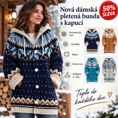 🔥50% SLEVA🔥【 S–5XL】✨Nová dámská pletená bunda s kapucí, geometrický vzor, zapínání na knoflíky, podzim/zima