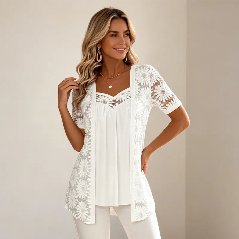 S–4XL Elegantní halenky 2 v 1 s krajkou a síťovinou – zeštíhlující střih proti bříšku, 5 barev, velikosti!