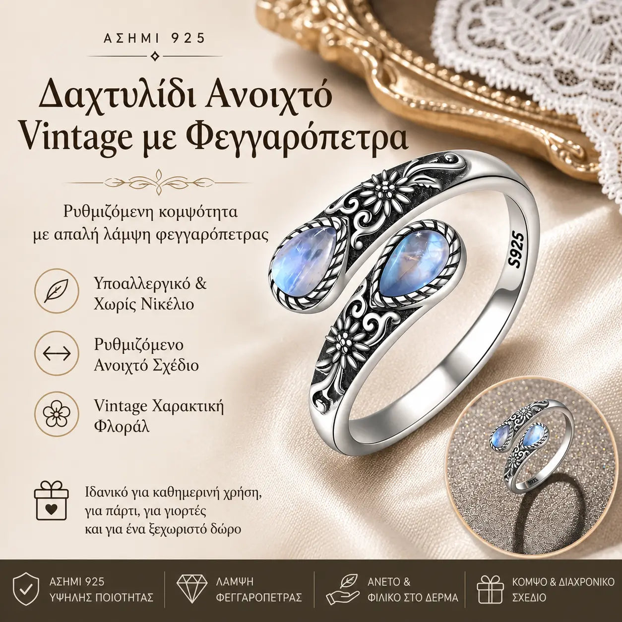Poslední den! 50% sleva na prsten s květinou z měsíčního kamene ve vintage stylu. Nastavitelný střih. Nadčasová elegance.