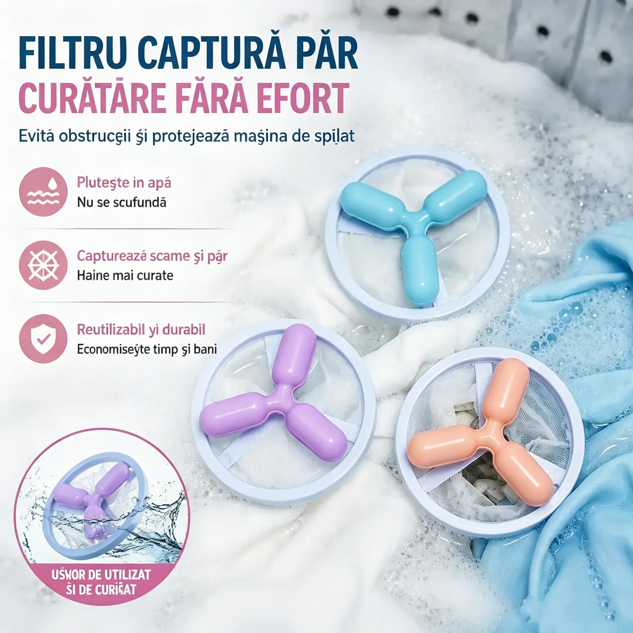 🌀6 kusů✨ Plovoucí filtr do pračky – Zachycuje vlákna, vlasy a zvířecí chlupy při každém praní 🧺