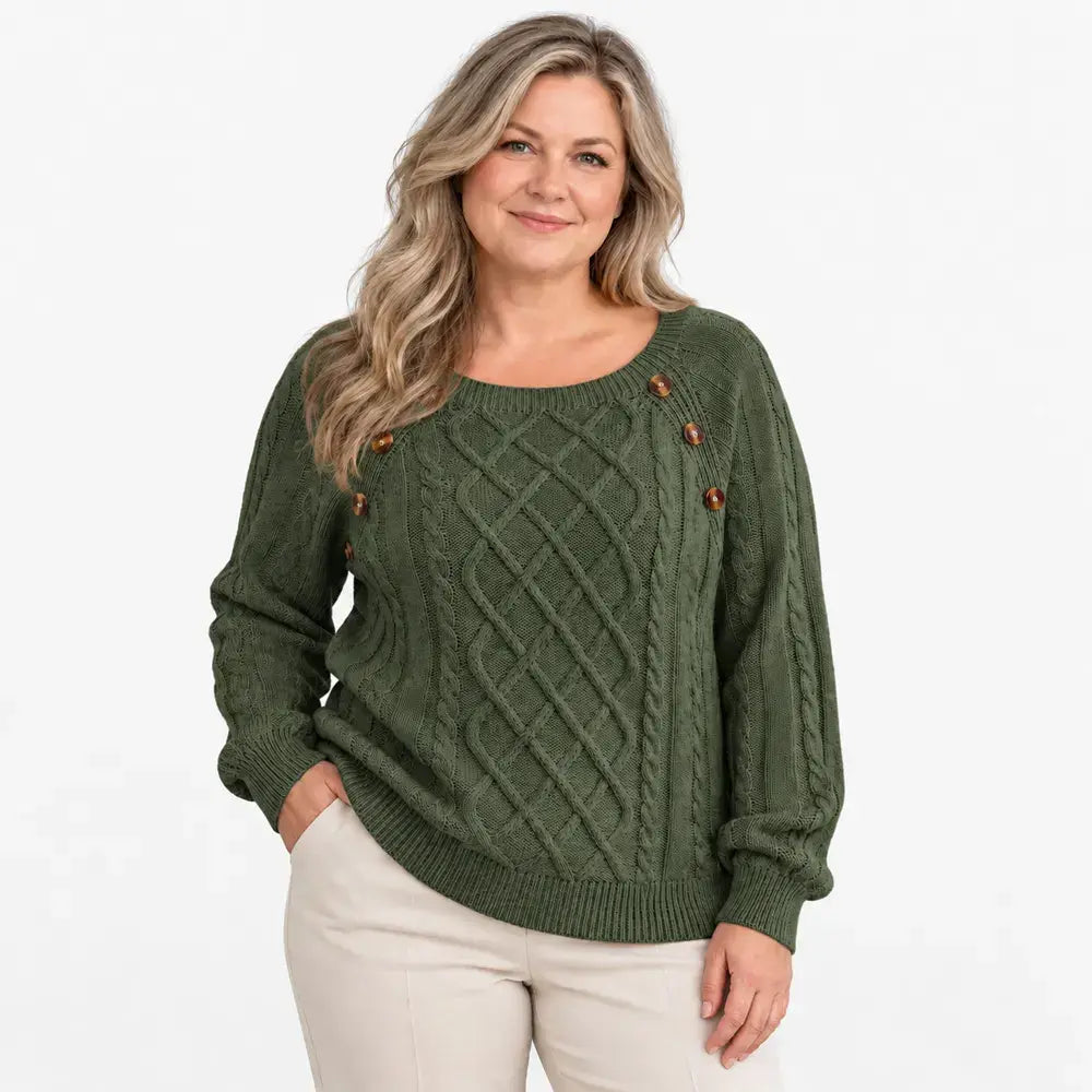 【S-2XL】Dámský ležérní podzimní/zimní svetr – hranatý výstřih, knoflíky, copánkový vzor