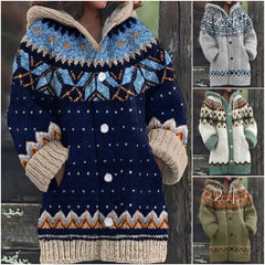 🔥50% SLEVA🔥【 S–5XL】✨Nová dámská pletená bunda s kapucí, geometrický vzor, zapínání na knoflíky, podzim/zima