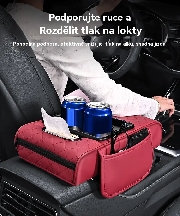 🔥Univerzální kožená loketní podložka do auta 4 v 1 ✅ Vestavěná krabička na ubrousky ✅ Držák na pohár
