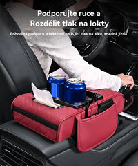 🔥Univerzální kožená loketní podložka do auta 4 v 1 ✅ Vestavěná krabička na ubrousky ✅ Držák na pohár