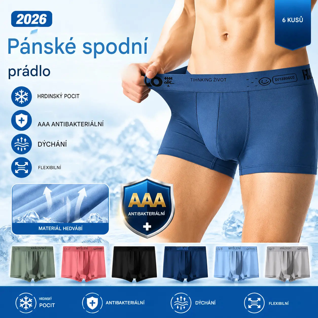 🔥【6 dílná sada】🧊 Poslední den sleva 49 % --- Pánské boxerky ve tvaru U z konvexní síťoviny s antibakteriálním efektem, plus size ❤️ (40 kg-110 kg)