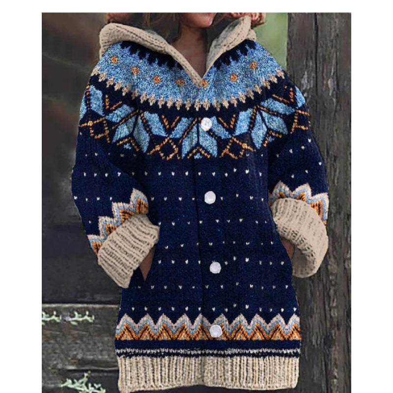 🔥50% SLEVA🔥【 S–5XL】✨Nová dámská pletená bunda s kapucí, geometrický vzor, zapínání na knoflíky, podzim/zima
