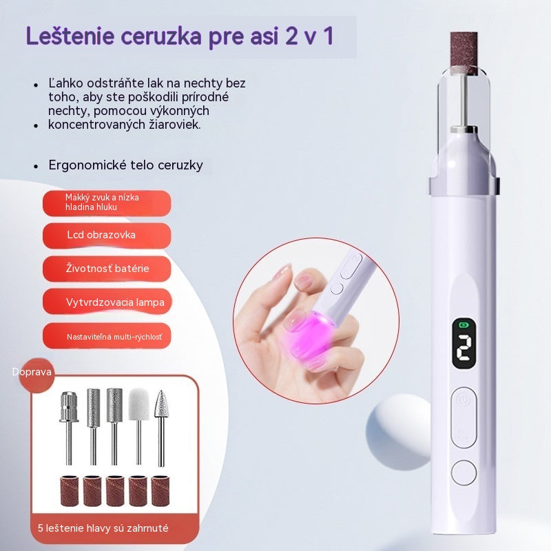 💅Elektrický pilník na nehty 2 v 1 s LED lampou (sušící lampa + 5 leštících hlavic)